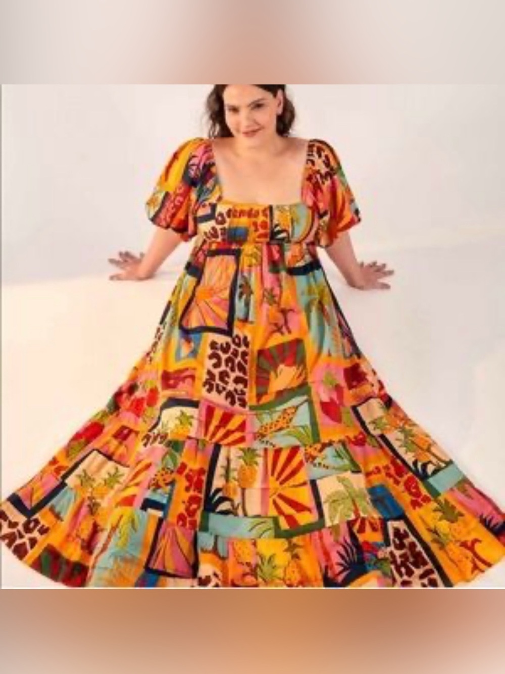 FARM RIO- Vibrant Multi-Color Print Puff Sleeve Maxi Dress (M) - Picture 16 of 16